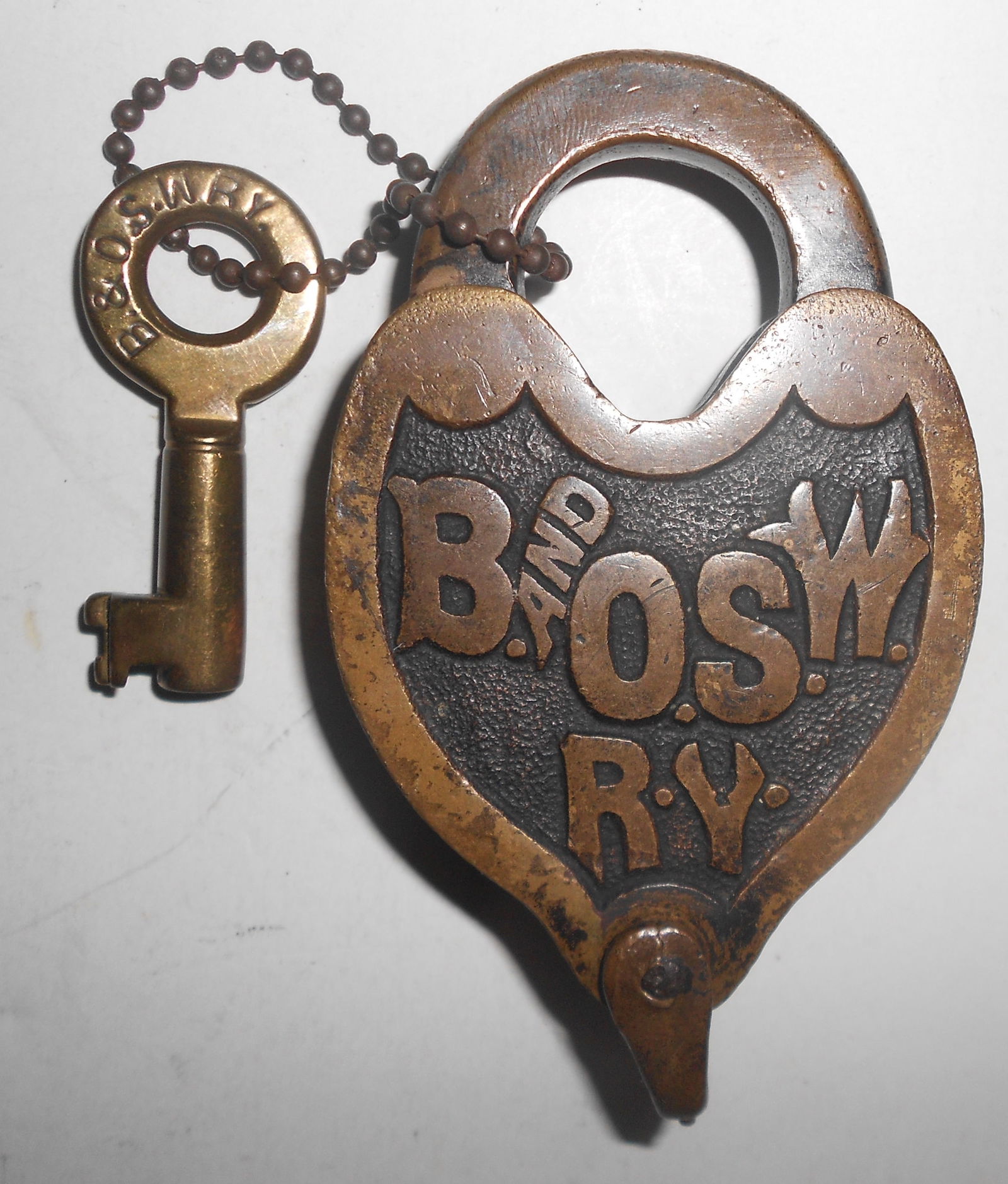 B&OSW Ry Brass Fancy Cast Back Lock with Key - Union Lock & Hardware: A very nice Union Lock & Hardware manufactured fancy cast back lock made for the Baltimore & Ohio Southwestern Railway. The Union Lock & Hardware is stamped on top of the shackle on one side. There is