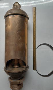 Brass Steam Whistle 6" Diameter - 3 Chamber beast: A large brass steam whistle with a 6" diameter. 3 chambers 2 1/2" feed pipe, 22" total height with a 14" chamber height, dome top. Threads seem to work, lock nut on top, numerous dings, some sticky la