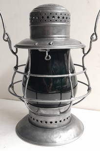 Lehigh & Hudson River Dietz #6 Bellbottom Lantern - Green unmarked Globe: Dietz #6 lantern frame with DIETZ in the very top and stars. Standard pinch pot with brass burner. The id is stamped "L.&.H.R". Yup, it's from the Phil SImms collection. Green unmarked extended base g
