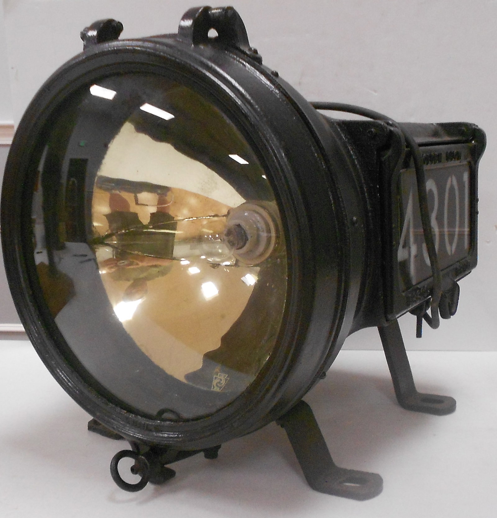 Golden Glow Locomotive Headlight #4301 - MU / Interurban?: A Golden Glow headlight with flat mounting arrangement. Probably from an an MU car. Car number is 4301, that might help with IDing. It's mostly all there, one wing nut missing on one number board. The