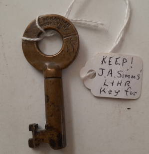 Freight House Key L&HR Lake, New York used by Simms: Happy to say that Phil SImms kept notes on most of his collection This Bohannan switch type key with a single ring has a small cut-out on the tip of the barrel. Phil says it was given to his father so