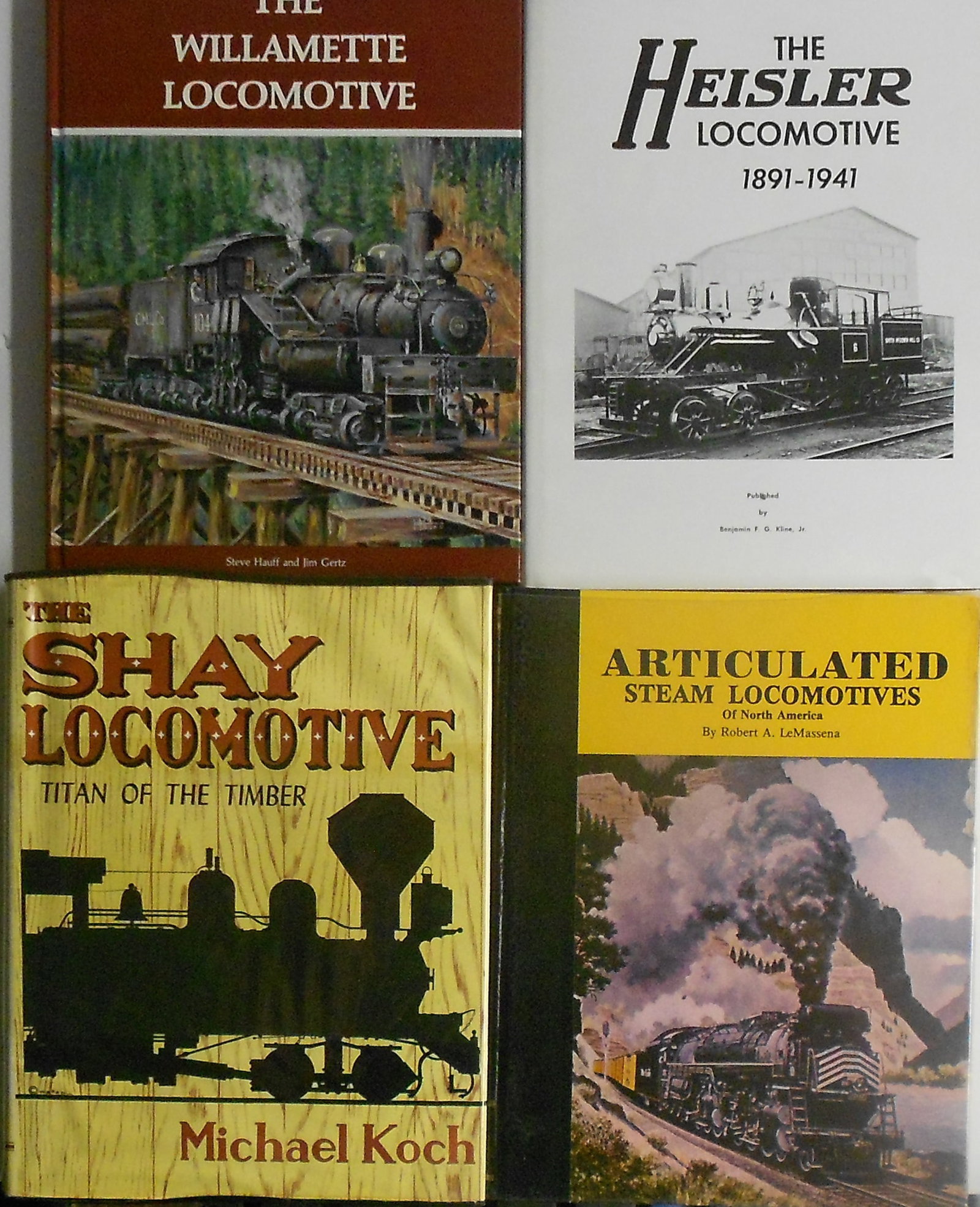 Railroad Books Locomotives (4) Shay, Heisler, Articulated, Willamette: Railroad books on steam locomotives (4) Geared locomotives: Shay, Heisler, Willamette, & classic "Articulated". Not common. Lightly used by expert model railroader. We have a fine narrow gauge library