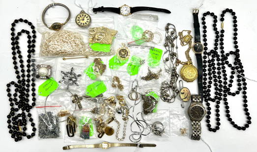 Large lot costume Jewelry etc. Misc Watches Bulova, Movado. Seiko, Elgin, Diamante. Two Black Onyx: Large lot costume Jewelry etc. Misc Watches Bulova, Movado. Seiko, Elgin, Diamante. Two Black Onyx Necklace. Lots of Misc. Earring Chains Pendants Pins Etc.