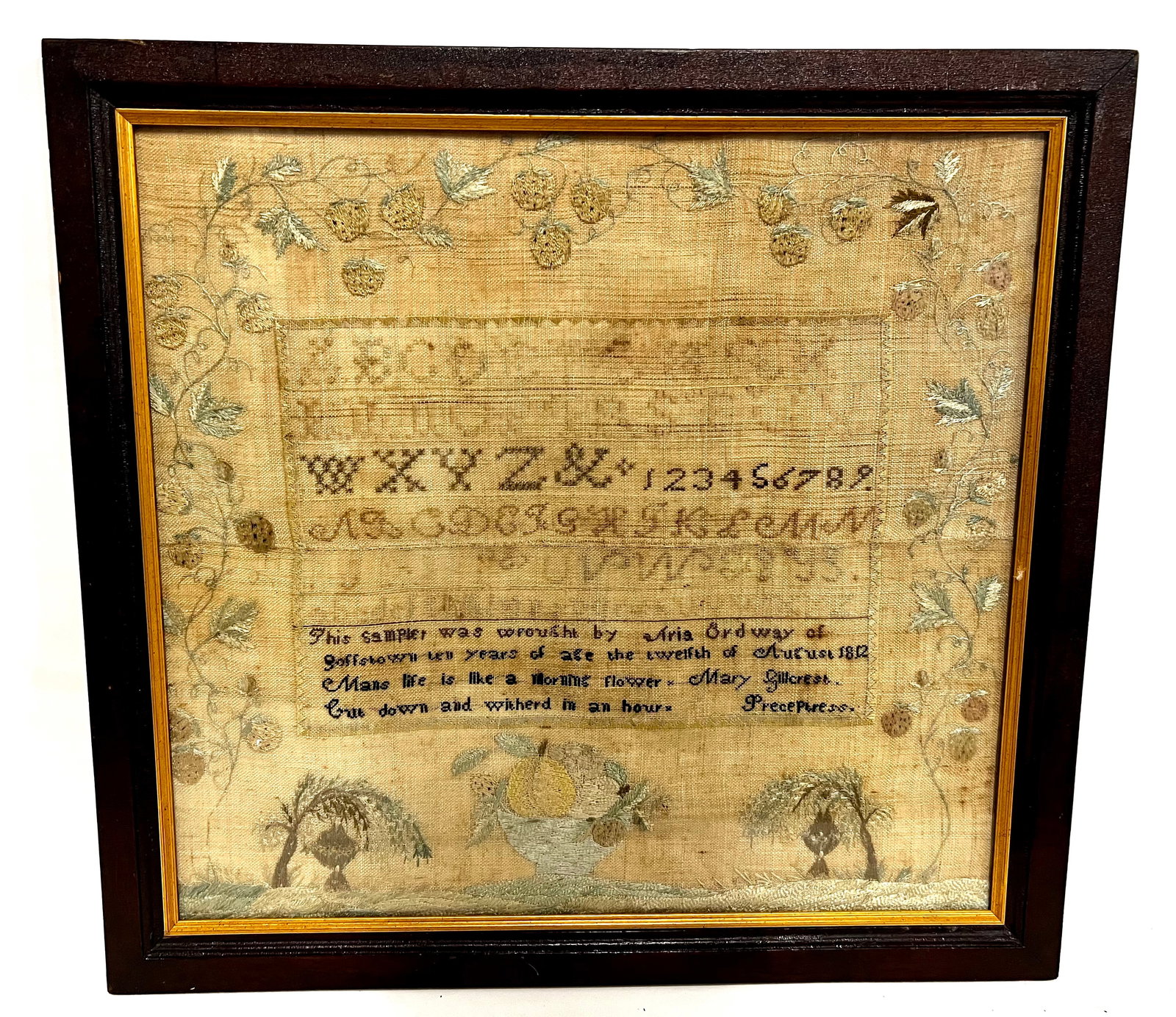 Very Well Done 1812 Sampler: Wonderful 1812 Sampler by Aria Ordway of Goffstown Nicely Framed 16"x17"