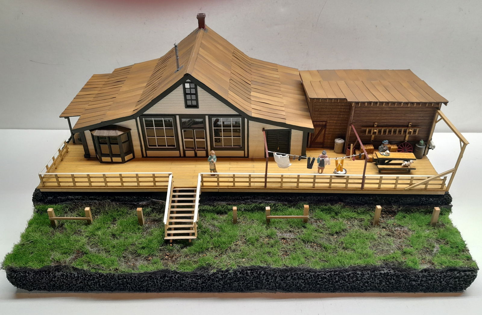 S Scale Diorama with great detail: S scale diorama built on a 15" x 10" styrofoam base. A multi structure complex with steps that come down on the base and women doing laundry. Comes with a clear plastic dome and base.