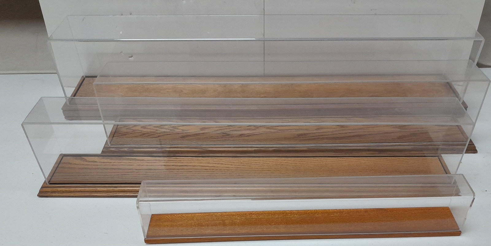 4 Plexiglass Display Cases with Oak Bases: HO, S, O (1 of 2)