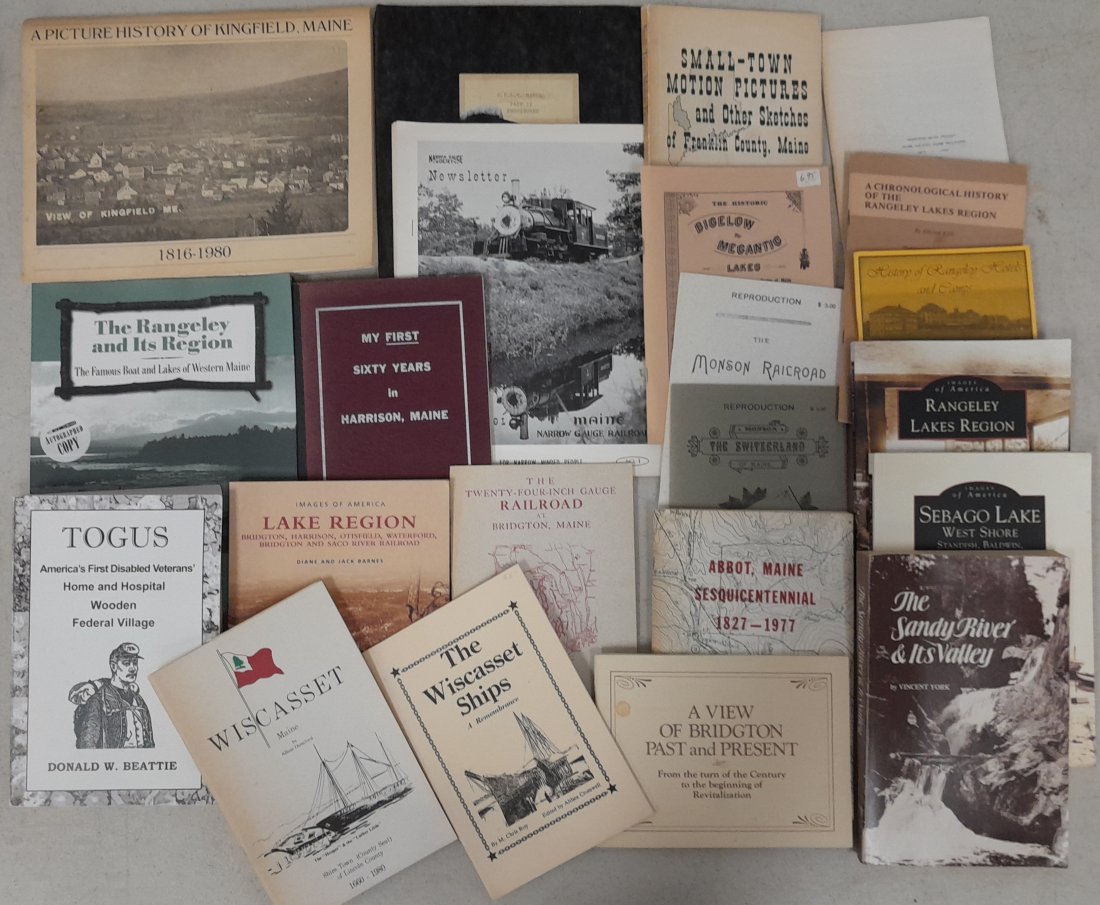 Books Related to Maine Narrow Gauge Country (22): Mostly soft cover books about Maine 2 foot country, not specific to one railroad but about surrounding history and related topics.
