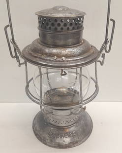 Adlake Santa Fe Bellbottom Lantern Cast Logo Globe: Adlake "Reliable" model bell bottom lantern with cast Santa Fe logo globe. Standard Santa Fe with no markings on top and SANTA FE stamped in the bell. Complete, original; parts with clear cast Santa