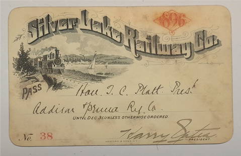 1896 Silver Lake Railway Annual Pass - Vignette #38: An annual pass issued by the Silver Lake Railway in Western New York. This small line seems to be very popular. This 1896 issue is number 38 and has a fine vignette of a steam locomotive, lake with