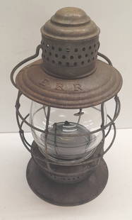 Eastern Railroad 6" Brasstop Bellbottom Lantern 1871: A Parmalee & Bonnell "1871" brass top bell bottom frame with ERR and the 1871 patent stamped in the lit. It has a skirted base and it's an earlier version with the bail going through the vent area