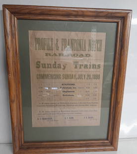 Profile & Franconia Railroad 1890 Notice Framed: The Profile & Franconia Railroad was originally a narrow gauge line that ran from Bethlehem Junction to Profile Mountain is Franconia Notch. This notice was for a change in time for Sunday trains betw