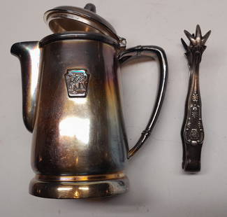 Pennsylvania Railroad Dining Car Silver: Coffee Pot, Tongs: Pennsylvania Railroad dining car silver (2): Coffee Pot date code of 1951 14 oz, raised Keystone, bottom marked for International Silver Company. Sugar Tongs by Reed & Barton with raised Keystone