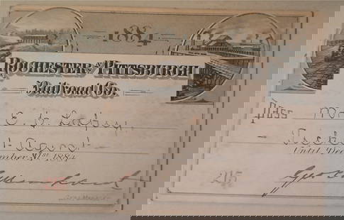 1884 Rochester & Pittsburgh Railroad Co. Annual Pass: An 1884 annual pass issued by the Rochester & Pittsburgh Railroad Company. This pass has 2 vignettes: one of a steam locomotive and the other of steel works. Standard conditions on the reverse. Lots