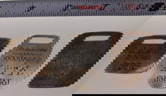 Brass Baggage Tags: CC&C, Rdg., Interline (3): 3 brass baggage tags (1) interline between La Crosse & Pittsburg (2) Philadelphia & Reading Annville - nickel plated (3) CC&C possibly Charleston, Cincinnati & Chicago (Clinchfield), or Cleveland
