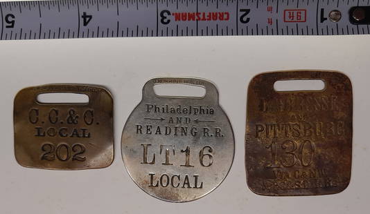 Brass Baggage Tags: CC&C, Rdg., Interline (3): 3 brass baggage tags (1) interline between La Crosse & Pittsburg (2) Philadelphia & Reading Annville - nickel plated (3) CC&C possibly Charleston, Cincinnati & Chicago (Clinchfield), or Cleveland Colu