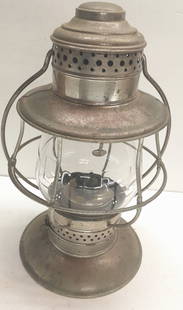 R. E. Dietz #39 Presentation Lantern - GTR Cast Globe: R. E. Dietz nickel plated brass Conductor style lantern. You'll see 10 C. T. Hams for every R. E. Dietz #39 model lantern. Just needs polishing. Small dent in the bell. All original except the Grand