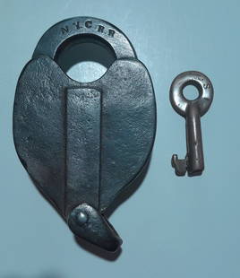 Steel Romer Switch Lock NYCRR, Bohannan? Key: A steel lock made by Romer stamped NYCRR on the shackle: New York Central Railroad. The key is brass and looks like a Bohannan and it has the "S" for switch stamped on one side and NYCRR on the