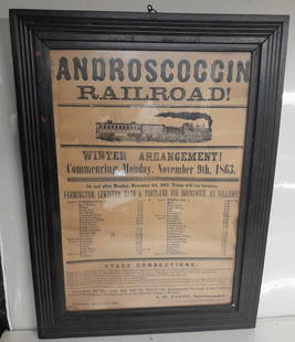 Androscoggin Railroad 1863 Framed Timetable: The Androscoggin Railroad was one of the original members of the Maine Central Railroad. That too place in 1871. In 1863 this timetable indicates one train each way between Portland and Farmington. Th