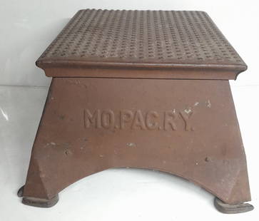 MoPac RY Morton Step Box - full size: Morton step box marked MO.PAC.RY. in block lettering. Full sized. Brown paint all over. Could use new feet.