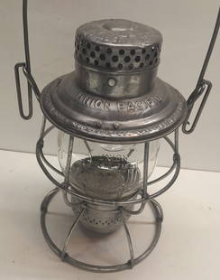 Union Pacific Lantern Cast "Overland Shield" Globe: Adlake Reliable lantern frame with UNION PACIFIC stamped in the lid. This frame also has a serial number 28519 stamped in the small panel for just this purpose. The frame is very clean and all origina