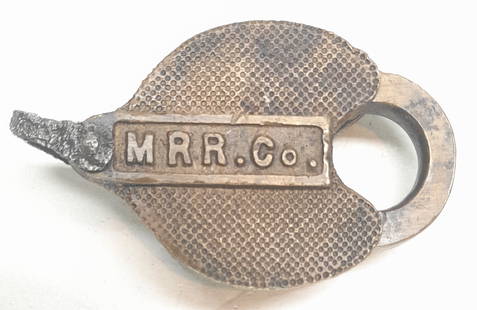 MRRCo Brass Lock with initials cast on the Drop: Montour, Monongahela, your choice of MRR. The lock was made by Miller. Nice marking.