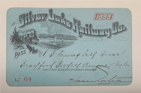 1899 Silver Lake Railway Annual Pass - Vignette #64: An annual pass issued by the Silver Lake Railway in Western New York. This small line seems to be very popular. This 1899 issue is number 64 and has a fine vignette of a steam locomotive, lake with