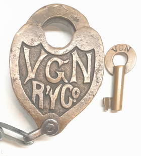 Virginian Railway Fancy Cast Back Lock & Key: A nice  (Fraim Slaymaker Hardware brass lock with VGN cast in fancy lettering on the whole back plate. It also has 1926 stamped on the shackle. The key is also  and has a serial number of 2637.