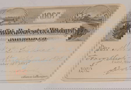 1887 Buffalo Rochester & Pittsburgh Railroad Annual Pass: An 1887 annual pass issued by the Buffalo Rochester & Pittsburgh Railroad Company. This pass has 2 vignettes: one of a steam locomotive and the other of steel works. Standard conditions on the