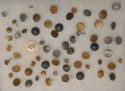 Railroad & Street Railway Uniform Button Collection (60+-): Assortment of Railway and Street railway uniform buttons and hat side buttons. Some older and unusual names included.