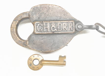 CH&D RR Cast Panel Lock & Key: Cincinnati Hamilton & Dayton Railroad lock & key. Lock has initials cast on the drop. Key has an older Adams & Westlake "hex" logo with a serial number of 603 and an "S" for switch. 11" twisted chain,