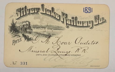 1891 Silver Lake Railway Annual Pass - Vignette: An annual pass issued by the Silver Lake Railway in Western New York. This small line seems to be very popular. This 1891 issue has a fine vignette of a steam locomotive, lake with boats and an
