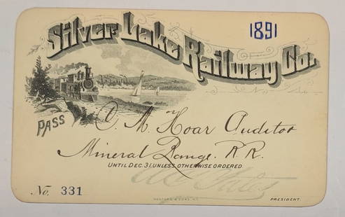 1891 Silver Lake Railway Annual Pass - Vignette: An annual pass issued by the Silver Lake Railway in Western New York. This small line seems to be very popular. This 1891 issue has a fine vignette of a steam locomotive, lake with boats and an indust