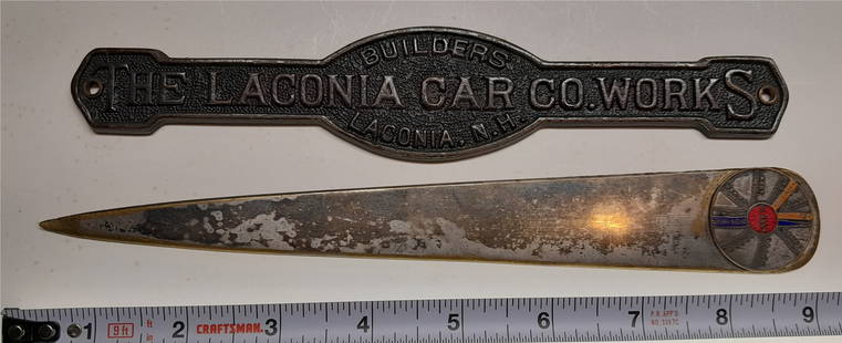 Laconia Car Company Builder's Plate, Albany Letter Opener: A brass Laconia Car Company builder's plate and a an old letter opener featuring Albany that dates to a time when the West Shore was the West Shore around Albany..