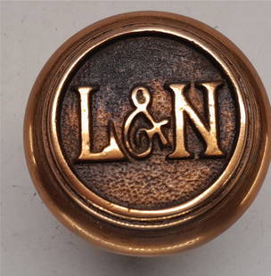 L&N Brass Doorknob - Not Steel: A brass doorknob with the Louisville & Nashville Railroad initials. Unusual, mostly steel in the same form is found. See pics for actual hardware. More doorknobs in this auction!