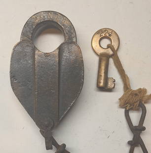 Delaware & Northern Railway Lock & operating Key: An Edwards brass lock from Syracuse, NY. Clearly stamped D&N RY on the shackle. Delaware & Northern Railway. The key lacks a railroads marking but has a serial number of 224.