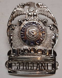 EMD GM Police Sergeant Hat Badge: EMD was the Electro Motive Division of General Motors. They built diesel locomotives. This is a sergeant's hat badge and it measures about 2 1/8" by 2 7/8".