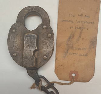 White River Railroad Vermont Brass Lock - Fraim?: I am sure some doubters may object to the Vermont classification but the attached ancient tag clearly states a 1920 acquisition of this lock in Montpelier Vermont. Our consignor originally purchased