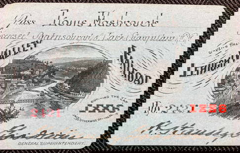Lehigh Valley Railroad 1886 Annual Pass: A fine Lehigh Valley Railroad annual pass with a center vignette. It is from 1886.