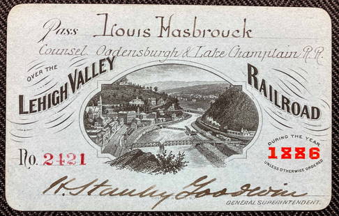 Lehigh Valley Railroad 1886 Annual Pass: A fine Lehigh Valley Railroad annual pass with a center vignette. It is from 1886.