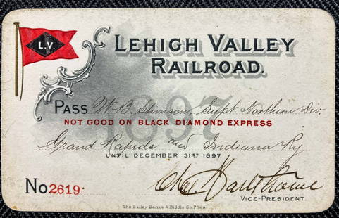 Lehigh Valley Railroad 1897 Annual Pass: A Lehigh Valley Railroad annual pass with a system map on the reverse. It is from 1897.