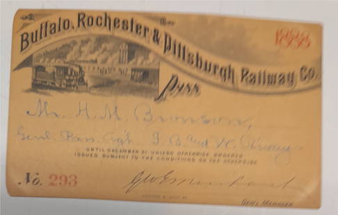 1888 Buffalo Rochester & Pittsburgh Railroad Annual Pass: An 1888 annual pass issued by the Buffalo Rochester & Pittsburgh Railroad Company. This pass has 2 vignettes: one of a steam locomotive and the other of steel works. Standard conditions on the reverse