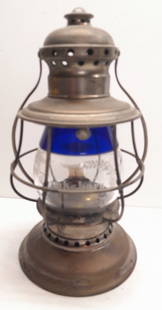 #3 Conductor Lantern - Blue/Clear Wm Tewksbury Presentation: A #3 size nickel plated brass lantern with a wonderful blue/clear presentation globe with a wreath: #Wm Tewksbury". The frame has an old sloppy lid latch repair. It's the GLOBE!