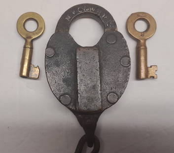 Slaymaker Barry & Co NYO&W RR "C"ar Lock & 2 Keys: A hard to find Slaymaker Barry & Company lock made for the New York Ontario & Western Railroad as a Car lock. It has the SB&Co diamond shaped logo on the top of the shackle. This lock comes with 2 bra