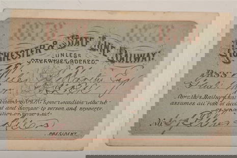 Rochester & State Line Railway Annual Pass 1878: Nice pass from this BR&P predecessor on the New York state line of the charter. Very clean with a very low issue number.