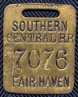 Southern Central Railroad (LV) Baggage Tag - Fair Haven: A nice brass baggage tag made for the Southern Central Railroad (Lehigh Valley) to be used from Fair Haven, New York on Lake Ontario. It was made by John Robbins in Boston and it is serial number