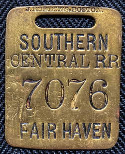 Southern Central Railroad (LV) Baggage Tag - Fair Haven: A nice brass baggage tag made for the Southern Central Railroad (Lehigh Valley) to be used from Fair Haven, New York on Lake Ontario. It was made by John Robbins in Boston and it is serial number 7076