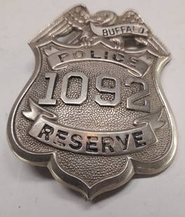 Buffalo Police Reserve Breast Badge #1092: Buffalo New York Police Reserve badge #1092. Measures about 2 3/8" by 3 1/4".