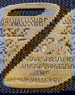 Lehigh Valley "Local" Brass Baggage Tag: A great tag that explicitly states that it can just be used on Lehigh Valley trains. This is exactly what "Local" means. It is serial number B1835 and it is single sided. It was made by Hoole
