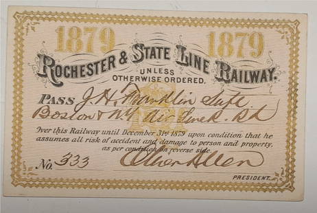 1879 Rochester & State Line Railway. Annual Pass: An 1879 annual pass issued by the Rochester & State Line Railway. This pass has a lot of variety of printing. This later became part of the Buffalo Rochester & Pittsburgh Railroad. Standard