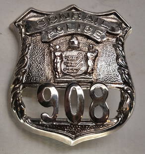 Conrail Police Badge #908: ConRail Police Badge #908. Seems new. Measures about 2 1/4" by 2 1/2"